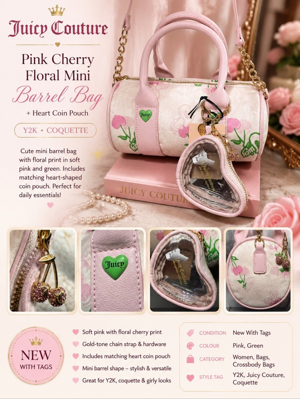 NEW Juicy Couture Pink Cherry Floral Mini Barrel Bag + Heart Coin Pouch